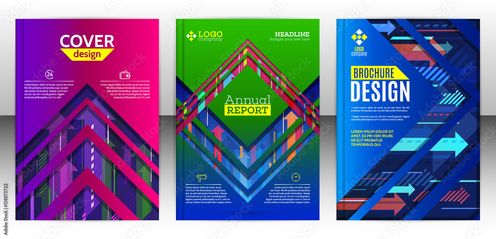 Flyer with abstract set of arrow background. Vertical and horizontal colorful arrows. Modern minimalism business brochure cover template. Flat design geometric elements. Vector illustration eps 10