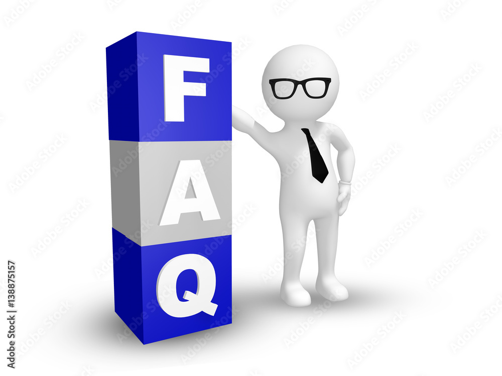 3D render of a man and Frequently Asked Questions FAQ cubes. 3D render of a man and Frequently Asked Questions FAQ cubes.