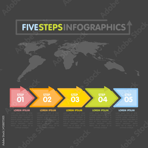 Business infographics template. Timeline with 5 arrows, steps, number options. World Map in background. Vector element
