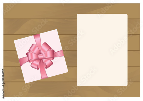Square Gift Box with Pink Bow and Sheet of paper Isolated on Wooden Plank Background.  Has place for your text. Vector image.
