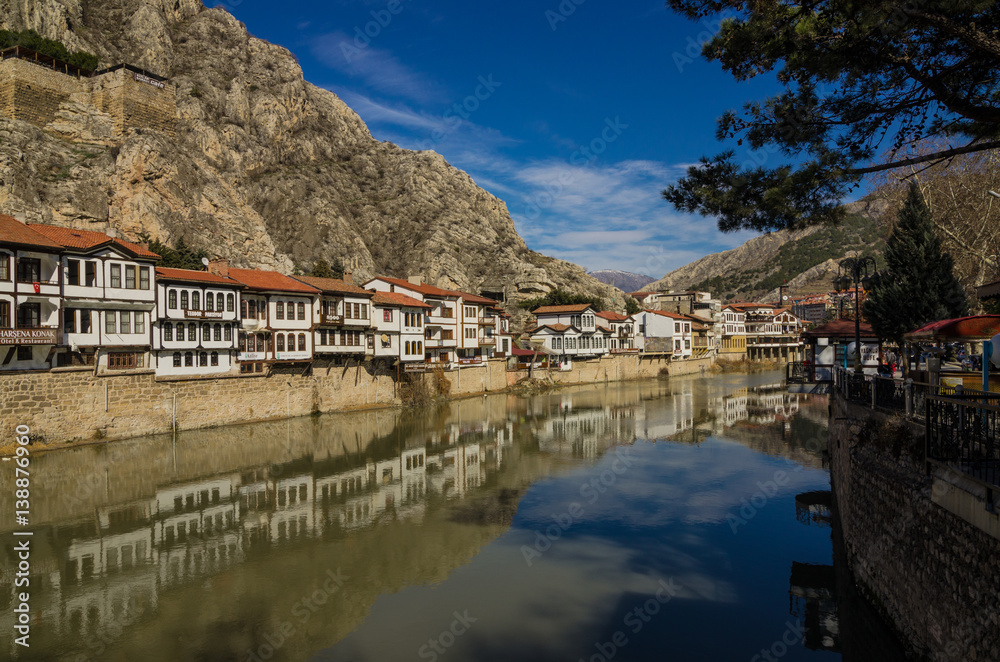 River scene of old traditional Ottoman houses in Amasya, Turkey