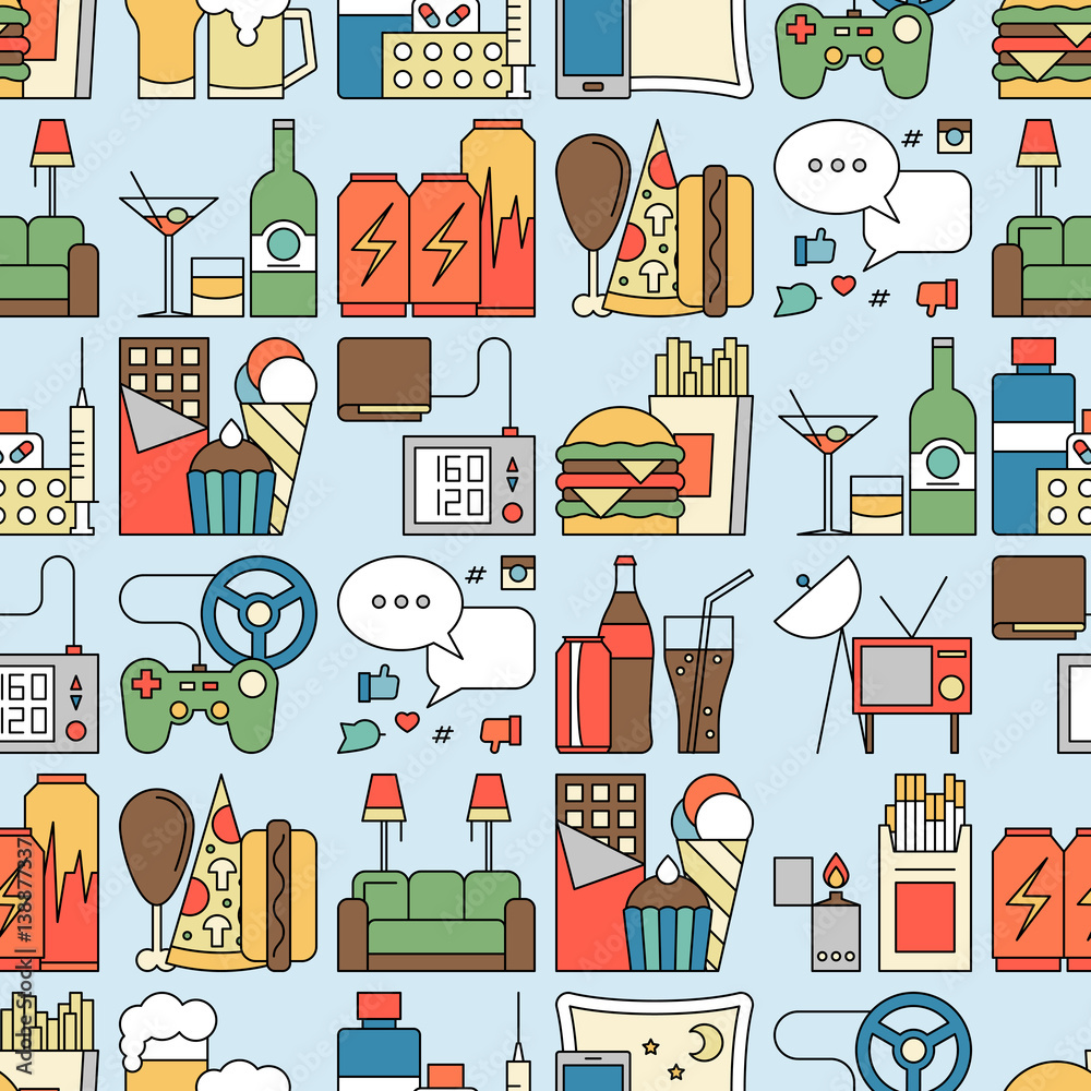 Unealthy lifestyle habits colorful line vector icons seamless pattern. Fast junk food cola hanburger pizza. Bag habit smoking drugs energetic. Waste of time video games tv beer social media.
