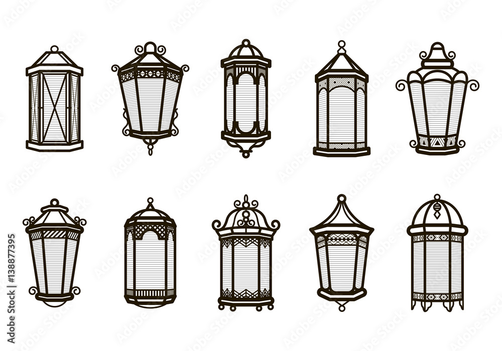 Vector vintage lantern set isolated on white. Classic antique light. Ancient  retro lamp design. Traditional silhouette. Old graphic object design.  Elegant collection. Stock Vector | Adobe Stock