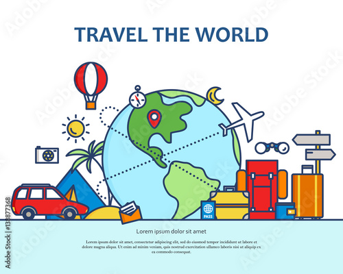 Modern flat thin line colorful design vector illustration, concept of travelling around the world, journey and trip to other countries, for graphic and web design.