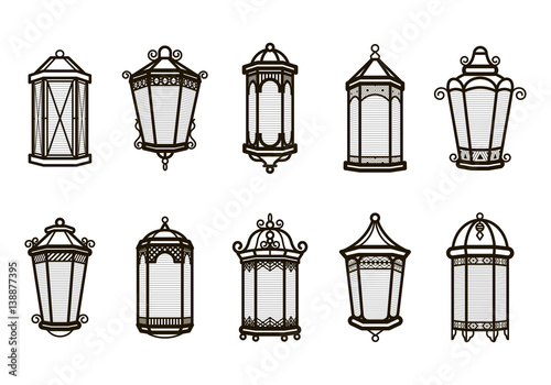 Vector vintage lantern set isolated on white. Classic antique light. Ancient retro lamp design. Traditional silhouette. Old graphic object design. Elegant collection.