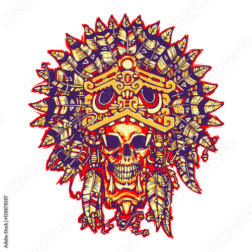 Aztec warrior. Skull. Vector illustration