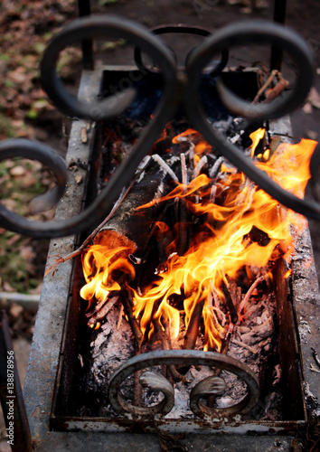 Burning wood in a brazier. Fire.