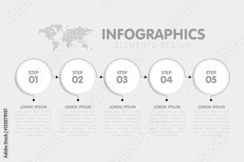 Business infographics template. Timeline with 5 circle arrow steps, five number options. World Map in background. Vector element