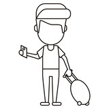 man traveling passport dragging luggage thin line vector illustration eps 10
