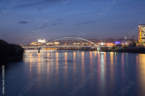 Old town, riverside, Bratislava castle, Apollo Bridge, UFO Bridge, New Bridge shoot during dusk from above river Danube, Slovakia © michalpalka