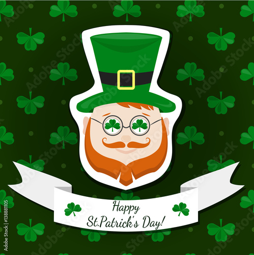 Happy Saint Patrick Day. National Irish holiday. Irish leprechaun  logo with pattern for greeting card of St. Patricks day. Vector illustration. 