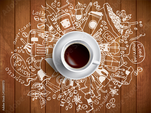 Morning coffee doodle concept on wooden background