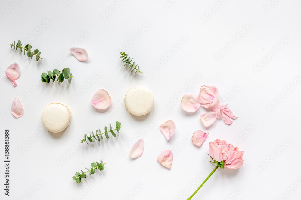 spring pattern with macaroons and flower in soft light top view spring pattern with macaroons and flower in soft light top view