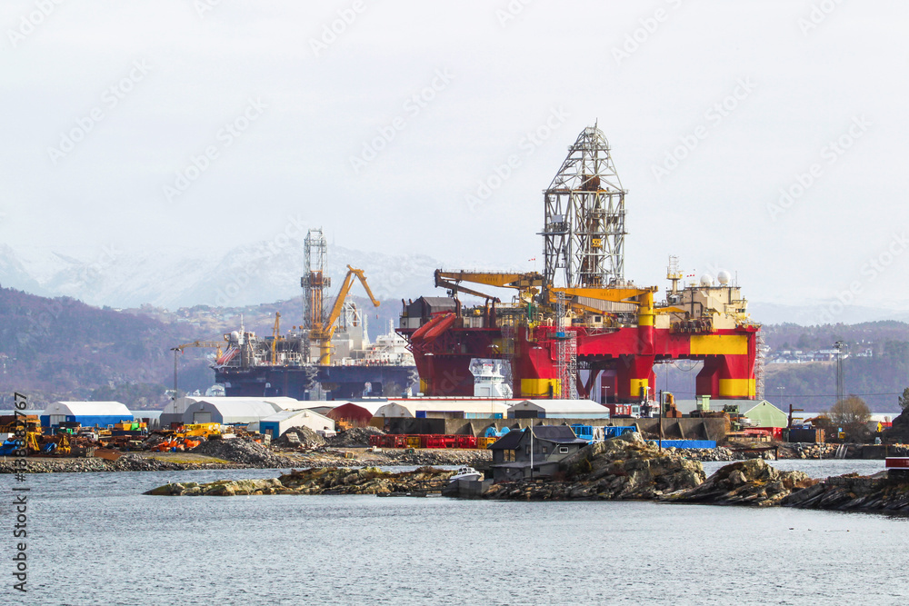 Oil platforms under maintenance near Bergen, Norway.