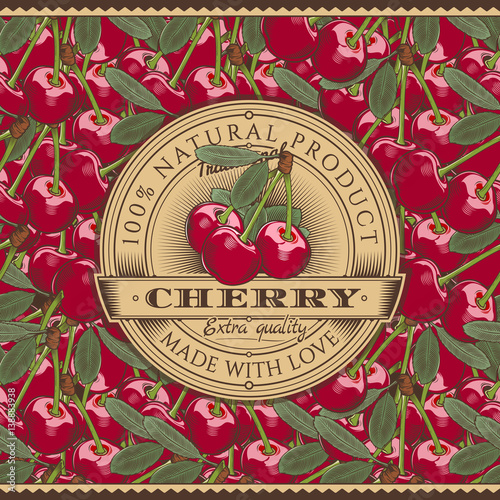 Vintage Cherry Label On Seamless Pattern