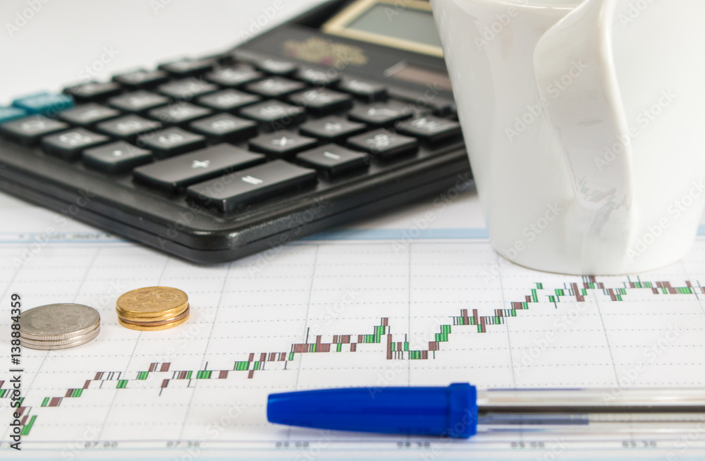 Obraz premium Business graph on a white background with calculator, cup of coffee, pencil and money