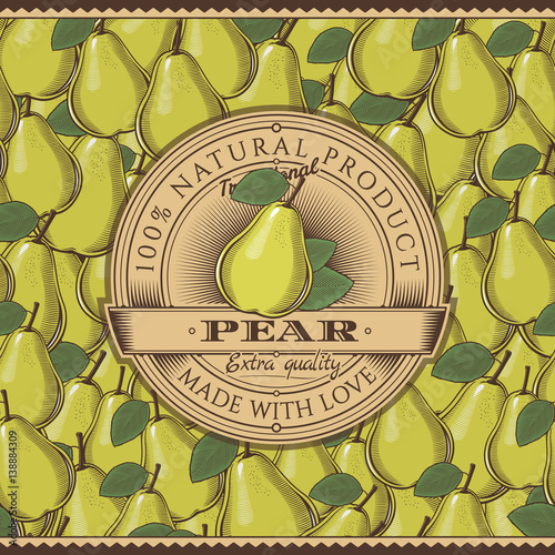 Vintage Pear Label On Seamless Pattern