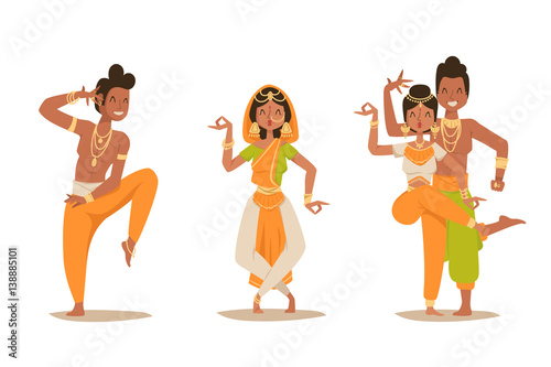 Indian woman man dancing vector isolated dancers silhouette icons people India dance show party movie, cinema cartoon beauty girl sari illustration