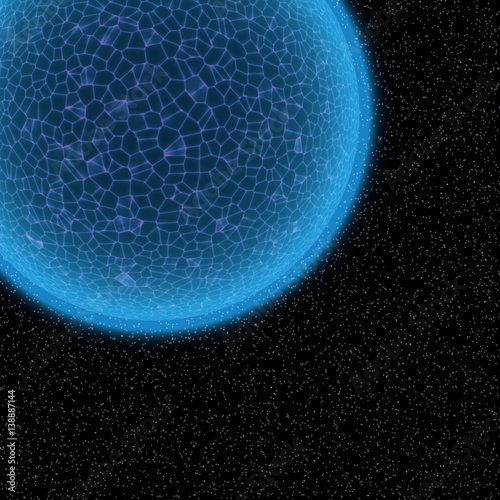 Fototapeta Naklejka Na Ścianę i Meble -  Fantasy planet with light blue neon corona, sci-fi illustration render on black background with shining stars