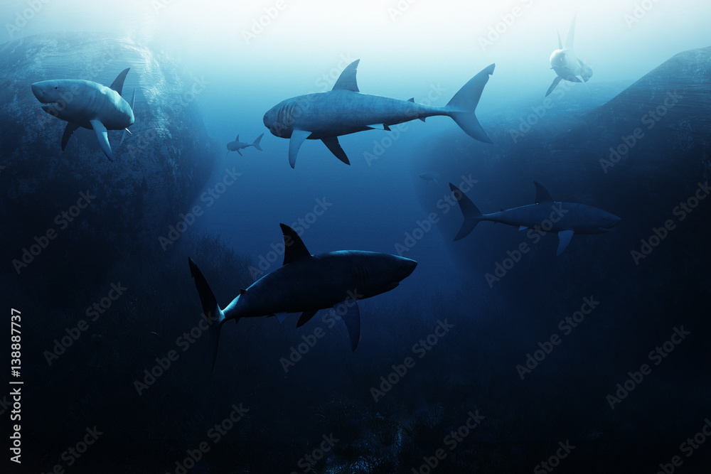 Naklejka premium Spotkanie z rekinami, duża ławica rekinów patrolujących pod wodą. Renderowanie 3d