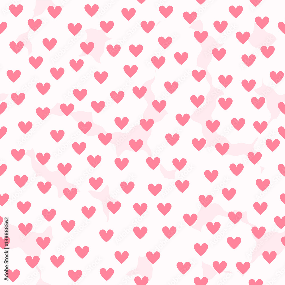 Heart background with white fluffy spots. Seamless vector pattern