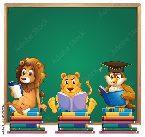 Frame design with lion and tiger reading books