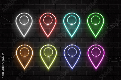 Vector collection of neon map pins on the wall background.