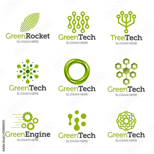 Collection of logo templates. Vector abstract shapes for green technology brand, logo, label design. Eco, organic, tree, energy, natural resources tech.