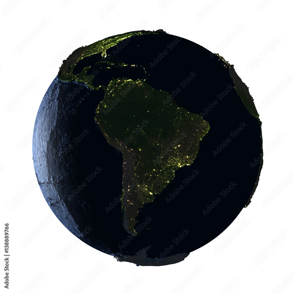 Fototapeta premium South America on Earth at night isolated on white