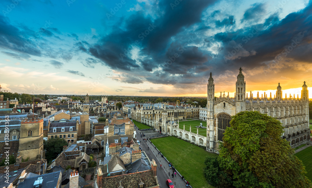 Cambridge with beautiful sunset sky - aerial view