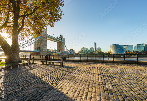 View Of Tower Bridge at sunrise on a cold November morning in London, United Kingdom