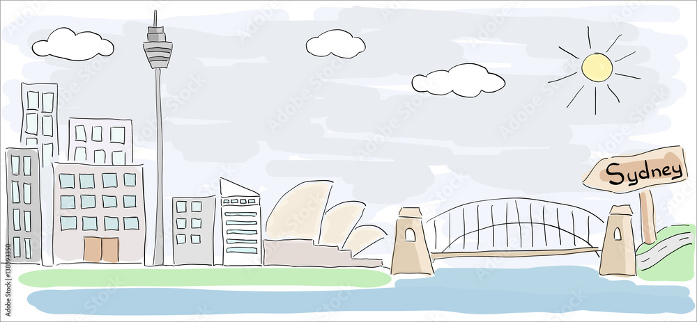 Child style colored sketch drawing of Sydney city in Australia with Opera House
