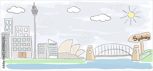 Child style colored sketch drawing of Sydney city in Australia with Opera House
