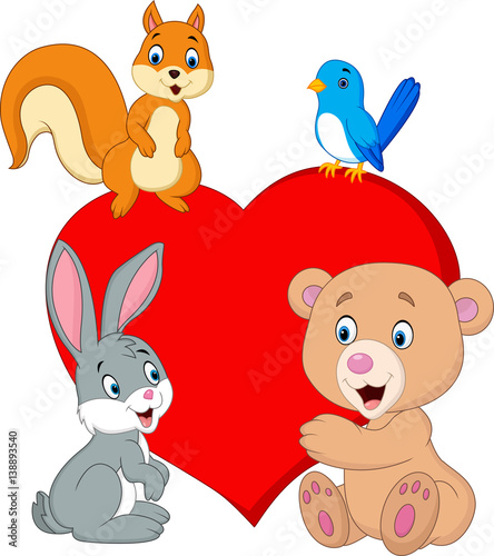 Cartoon happy animals with red heart
