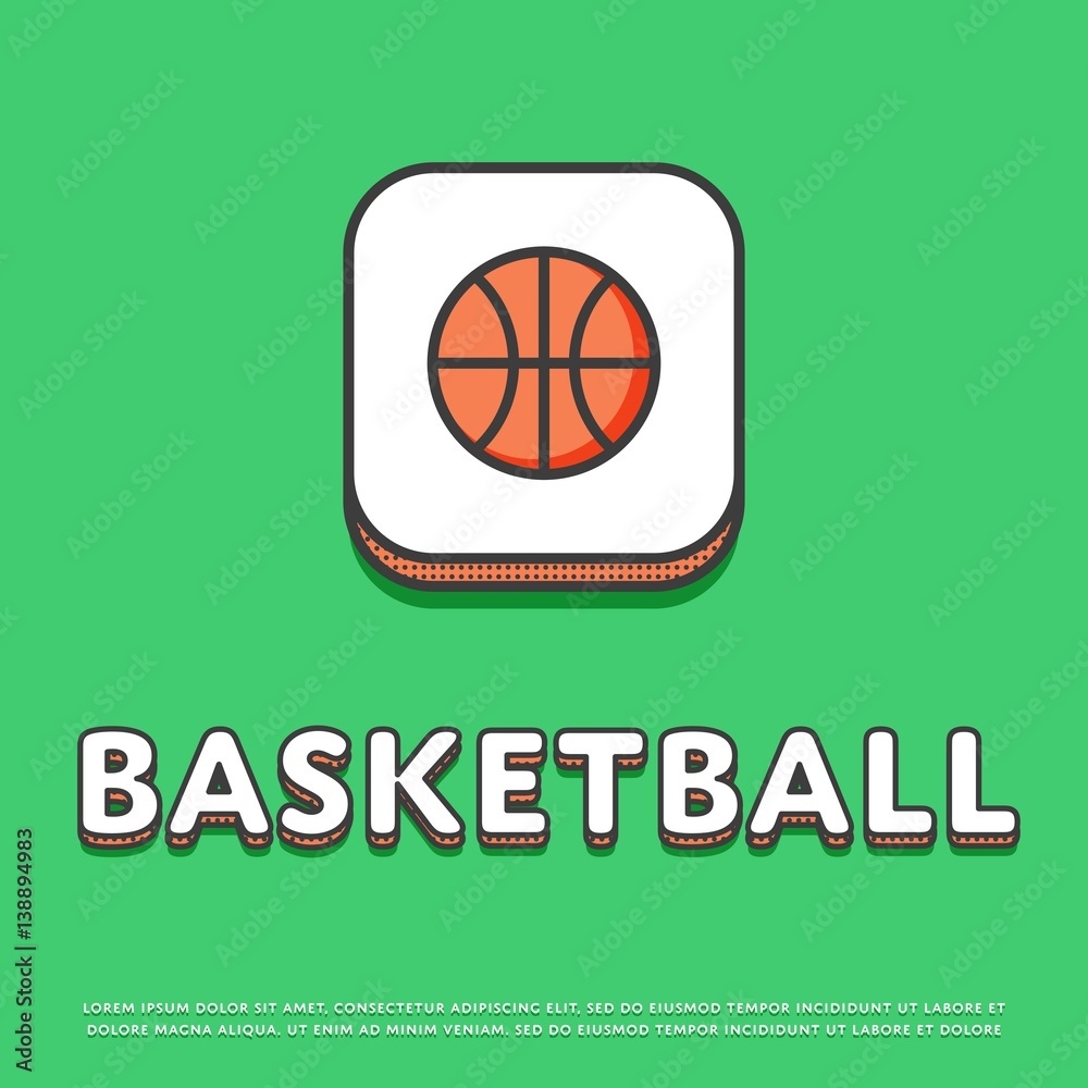 Basketball colour square icon isolated vector illustration. Basketball ball symbol. Athletic equipment, basketball team, sport activity and recreation game logo or sign in line design.
