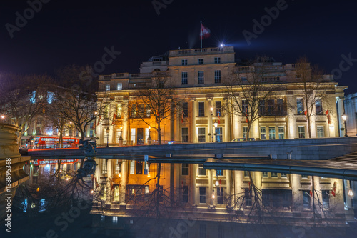 High Commission of Canada building in Trafalgar Square viewed at night in London, England