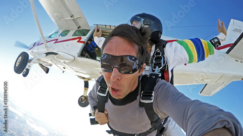 Self portrait skydiving tandem jump from the plane
