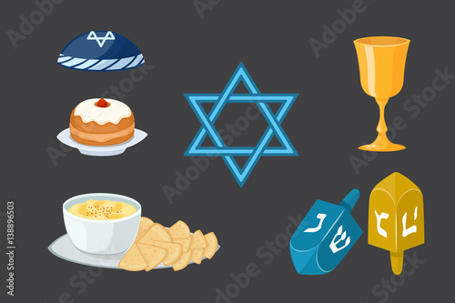 Judaism church traditional symbols icons set isolated hanukkah religious design and synagogue passover torah menorah holiday jew vector illustration.