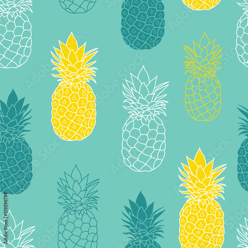 Fresh Blue Green Yellow Pineapples Vector Repeat Seamless Pattrern. Great for...