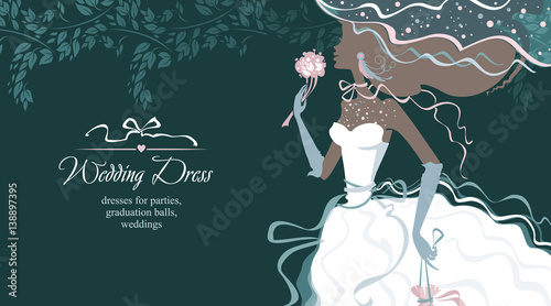 Bride in white dress. Beautiful illustration of wedding fashion.