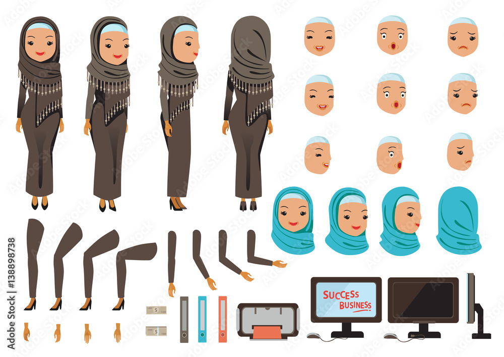 Arab Business Woman character creation set. Icons with different types of faces and Hijab style, emotions, front, rear, side view of male person. Moving arms, legs. Vector illustration Arab Business Woman character creation set. Icons with different types of faces and Hijab style, emotions, front, rear, side view of male person. Moving arms, legs. Vector illustration