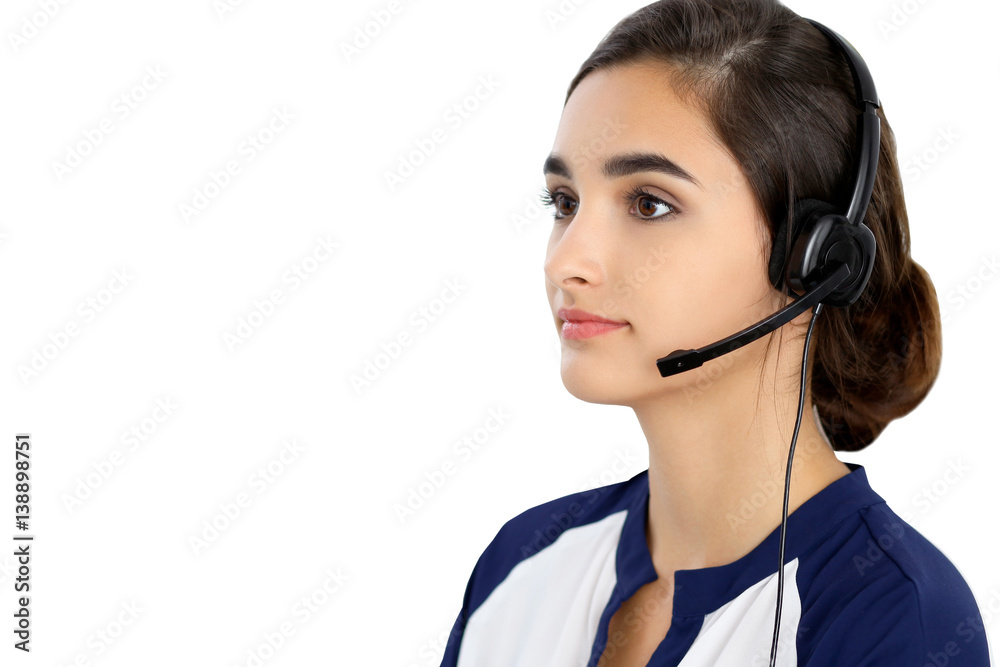 Call center operator isolated over white background. Young Hispanic or latin american women in headset Call center operator isolated over white background. Young Hispanic or latin american women in headset