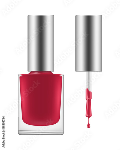 Shiny darkred nail polish. Open transparent glass bottle with black cap and brush. Realistic container with cosmetic for glamour manicure. Vector icon, illustration isolated on white background