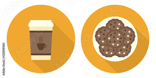 Flat vector cup of coffee, plate with cookies