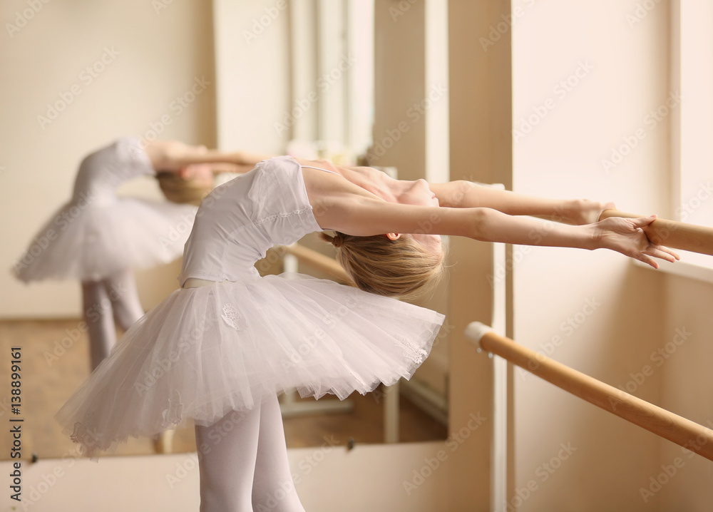 Obraz premium Young beautiful ballerina posing in dance studio