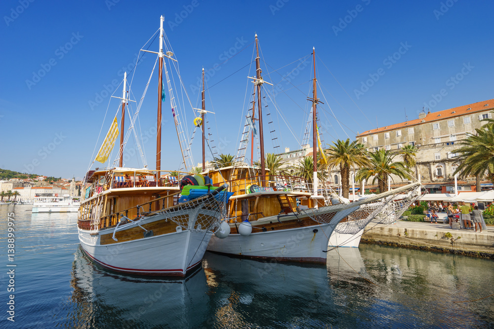 Boats in Split at sunny day with waterfront view, Dalmatia, Croatia