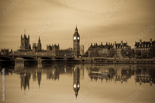 Vintage picture of London Big Ben and House of Parliament viewed at sunrise in London. England