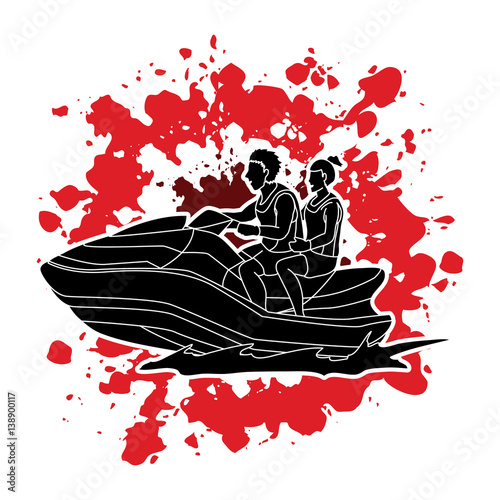 Couple riding jet ski designed on splatter color background graphic vector