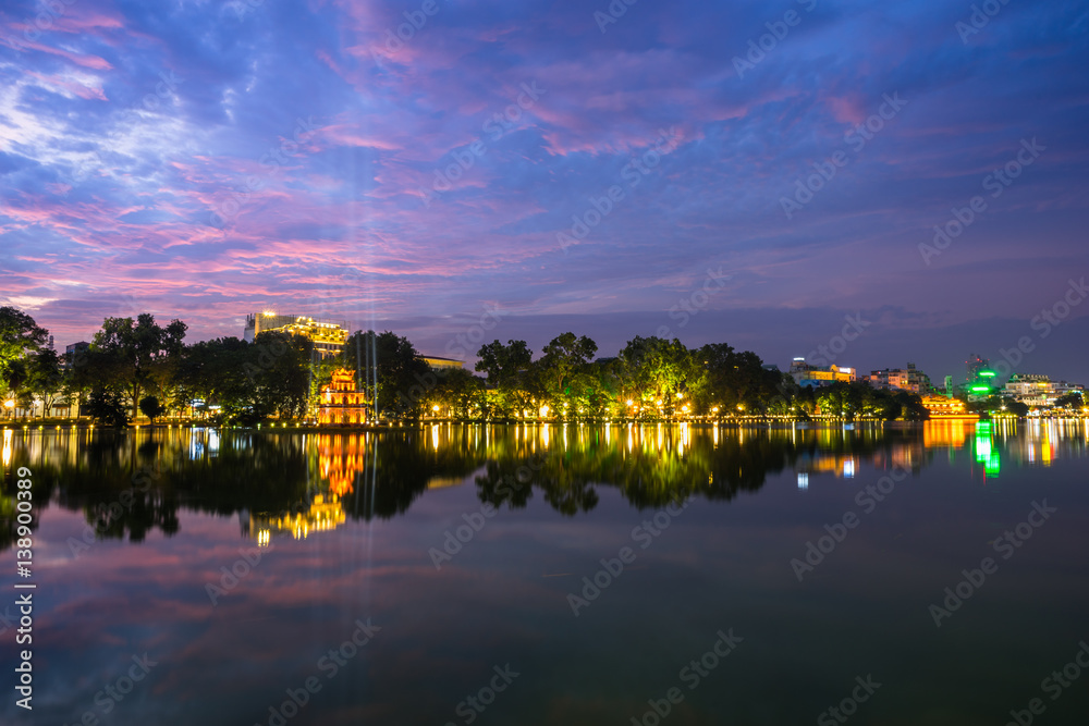 Hoan Kiem lake ( Ho Guom, Sword lake), the center of Hanoi capital, Vietnam at twilight.