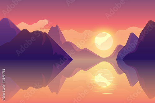 Fotografia Abstract image of a sunset, the dawn sun over the mountains